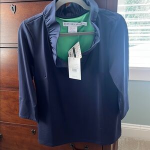 Gretchen Scott Navy Blouse with Green Lining NWT, sz Large, 3/4 length sleeves